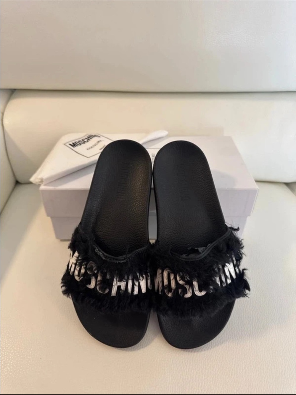 MOSCHINO BLACK FEATHER TRIM LOGO SLIDE MULES